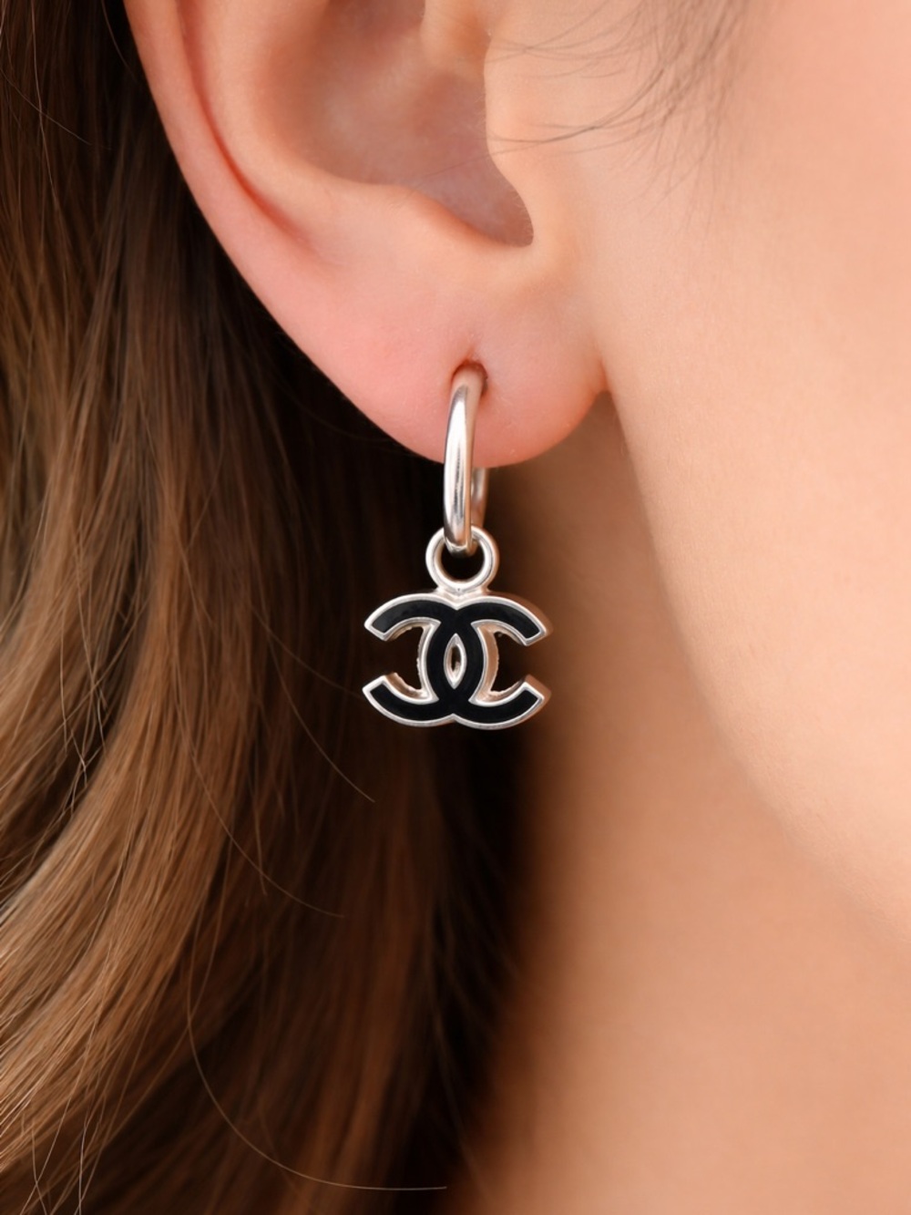 CHANEL Pierced Silver Hoop Earrings with Black CC Charm - Picture 4 of 4